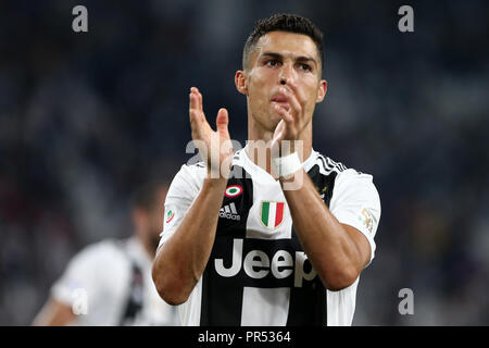Torino, Italie. 29 septembre 2018. Cristiano Ronaldo de la Juventus FC célèbrent à la fin de la série d'un match de football entre la Juventus et SSC Napoli. Banque D'Images