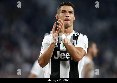 Torino, Italie. 29 septembre 2018. Cristiano Ronaldo de la Juventus FC célèbrent à la fin de la série d'un match de football entre la Juventus et SSC Napoli. Banque D'Images