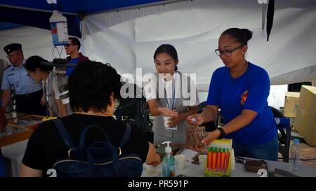 Les membres du 51e Escadron de médecine aérospatiale de la santé publique et de vol des élèves d'écoles de montrer aux visiteurs un domaine militaire américaine à la ration Santé Pyeongtaek Festival à Pyeongtaek, République de Corée, le 16 septembre 2018. L'équipe de santé publique utilisé affiche d'insectes pour enseigner aux visiteurs du stand sur les menaces locales et comment les compteurs de la santé publique. Banque D'Images