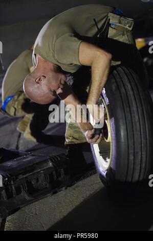 Un chef d'équipe affectée au 157e Escadron expéditionnaire prépare un nouveau pneu pour le placement sur un F-16 Fighting Falcon après l'atterrissage dans un endroit inconnu en Asie du Sud-Ouest, le 13 septembre 2018. Le F-16 Fighting Falcon est un appareil compact, multi-rôle d'avions de chasse. Il est très manoeuvrable et a fait ses preuves dans les combats air-air et air-surface attaque. Il peut localiser des cibles dans toutes les conditions météorologiques et de détecter les aéronefs volant à basse altitude dans l'encombrement du radar. Banque D'Images