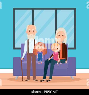 Grands-parents avec les petites-filles dans la chambre Illustration de Vecteur