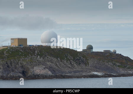 Le Globus 2 station radar à l'alerte précoce sur l'île de Vardø, Vardøya au nord du cercle arctique, le comté de Finnmark, Norvège. Banque D'Images