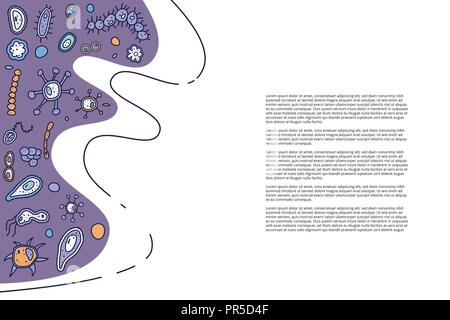 Bannière horizontale avec différentes cellules. microarganisms Ensemble de bactéries de forme. Modèle avec l'espace vide pour le texte. Style doodle vecteur composition. Illustration de Vecteur