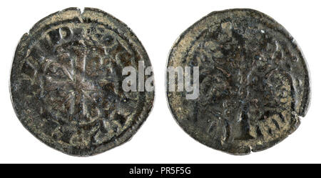 Ancien château médiéval fleece coin du Roi Alfonso IX. Obolo. L'Espagne. Banque D'Images