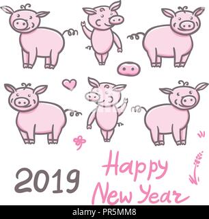 Jeu de cochons doodle mignon dessin au crayon. Autocollant Inscription Bonne Année. L'année 2019 signe chinois porcelet. Vector illustration isolé sur fond blanc. Illustration de Vecteur