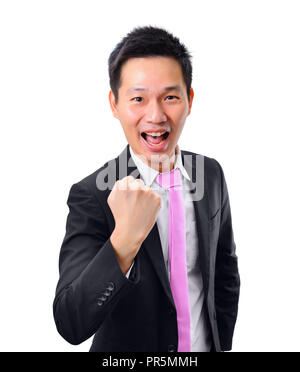 Portrait of asian businessman celebrating success on white background Banque D'Images