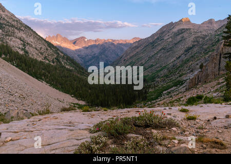 Lever du soleil sur la vallée du ruisseau de la palissade avec les rochers du diable dans l'arrière-plan. John Muir Trail/Pacific Crest Trail ; Sequoia Kings Canyon Wilderness Banque D'Images