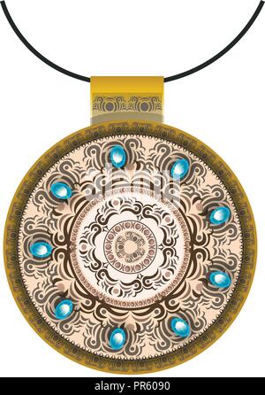 Bijoux or mandala, décorées avec jasper et turquoise sur fond noir. Illustration de Vecteur