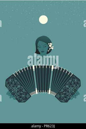 Femme jouant de bandonéon sous la lune et les étoiles Illustration de Vecteur