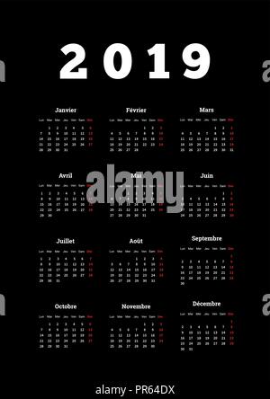 L'année 2019 calendrier simple sur langue française sur fond sombre, a4 format vertical Illustration de Vecteur