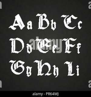 Old hand drawn lettres gothiques dessin avec craie blanche, A-I symboles sur tableau noir Illustration de Vecteur