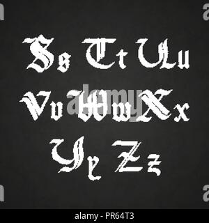 Old hand drawn lettres gothiques dessin avec white chalk, S-Z symboles sur tableau noir Illustration de Vecteur
