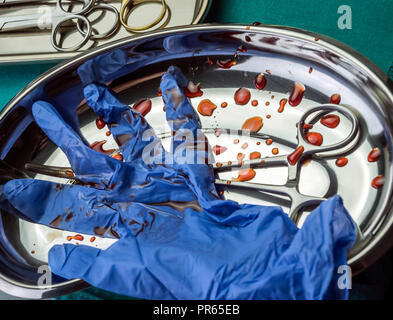 Bleu Gants et ciseaux tachés de sang sur un plateau dans une salle d'opération, conceptual image Banque D'Images