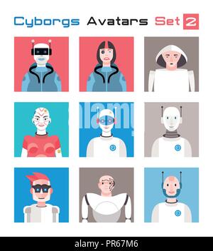 Ensemble varié de caractères cyborgs avatars. Imagination et friendly collection colorée de joyeux personnages, qui combinent l'humain et la machine t Illustration de Vecteur