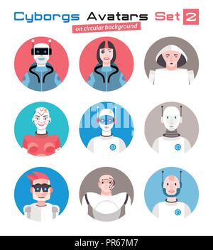 Ensemble varié de caractères cyborgs avatars. Imagination et friendly collection colorée de joyeux personnages, qui combinent l'humain et la machine t Illustration de Vecteur