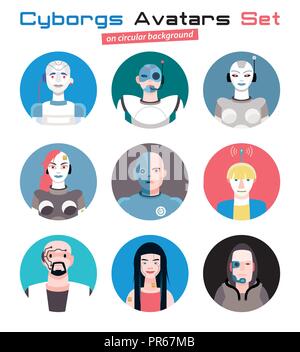 Ensemble varié de cyborgs visages et têtes de caractères utilisés comme des avatars. Imagination et friendly collection colorée de joyeux personnages, qui combinent Illustration de Vecteur