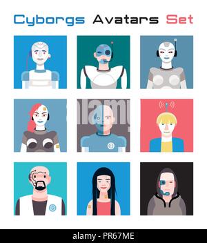 Ensemble varié de cyborgs visages et têtes de caractères utilisés comme des avatars. Imagination et friendly collection colorée de joyeux personnages, qui combinent Illustration de Vecteur