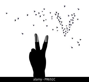 Symbole de victoire à main oiseaux silhouette isolated on white Illustration de Vecteur
