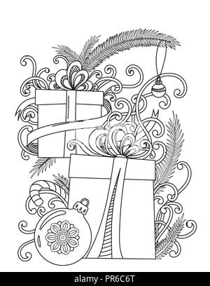 Coloriages de Noël. Livre de coloriage adultes. Cadeaux des fêtes et decore. Hand drawn vector illustration. Illustration de Vecteur