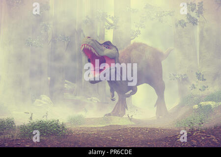 T Rex, dinosaure tyrannosaurus rex marche à travers une forêt brumeuse (rendu 3d) Banque D'Images