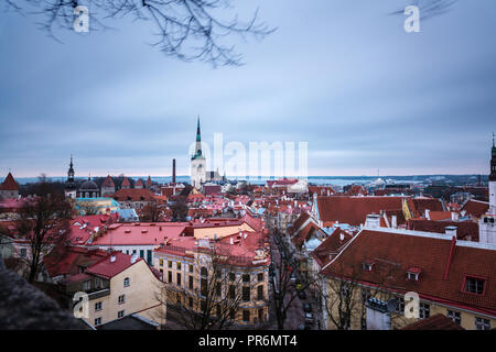 Vue aérienne de la vieille ville de Tallinn sur une froide après-midi d'automne nuageux, avec la mer Baltique dans l'arrière-plan. Longue exposition. Banque D'Images
