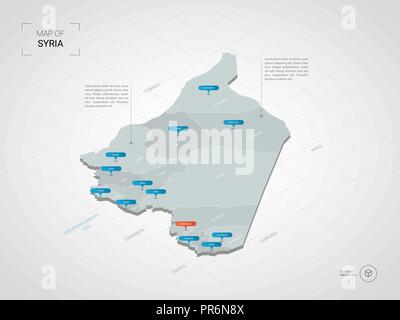 3D isométrique Syrie carte. Carte vectorielle illustration stylisée avec les villes, les frontières, les capitaux, les divisions administratives et marques ; pointeur backgrou gradient Illustration de Vecteur