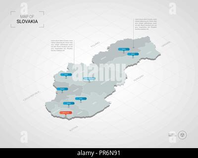 3D isométrique Slovaquie carte. Carte vectorielle illustration stylisée avec les villes, les frontières, les capitaux, les divisions administratives et marques ; pointeur backg gradient Illustration de Vecteur