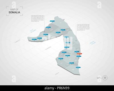 3D isométrique Somalie carte. Carte vectorielle illustration stylisée avec les villes, les frontières, les capitaux, les divisions administratives et pointeur marques ; zone de gradient Illustration de Vecteur