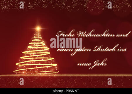 Arbre de Noël étincelantes d'or contre un arrière-plan flou rouge avec des flocons d'or et le texte Joyeux Noël en allemand Banque D'Images