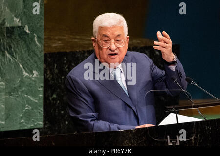 Mahmoud Abbas, Président de l'État de Palestine et l'Autorité nationale palestinienne vu parler à l'Assemblée générale des Nations Unies Débat général de l'Organisation des Nations Unies à New York. Banque D'Images