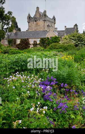 Jardin de fleurs humides avec des fleurs vivaces au sud du château de Cawdor après la pluie en Nairn Cawdor Ecosse UK Banque D'Images