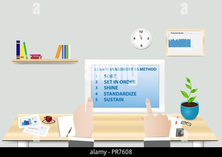 Méthode 5S Lean Manufacturing concept montrant manager dans son milieu holding tablet avec présentation de la méthodologie 5s. Illustration de Vecteur