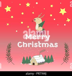 Ok computer house carte drôle Deer étoile et la neige. Sweet home. Fond dégradé rouge avec des maisons en pain d'épice, bonbons, Illustration de Vecteur