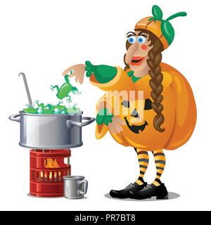 En costume de sorcière forêt jack-o-lantern brews potion magique grenouilles isolé sur fond blanc. Esquisse pour poster ou carte pour les vacances de tous les mauvais esprits de l'Halloween. Cartoon Vector illustration close-up. Illustration de Vecteur