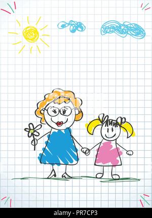 Les enfants des dessins au crayon de couleur. Vector illustration de grandmom et petite-fille tenant la main sur fond d'ordinateur portable au carré. Doodle Kids d Illustration de Vecteur