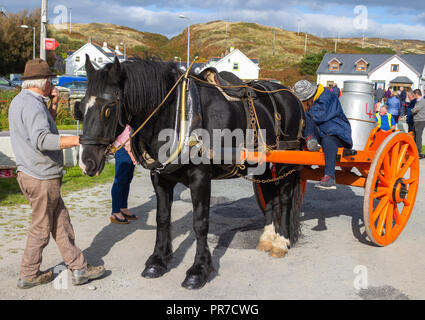 L'homme à la tête d'un cheval et panier chargé avec un bidon de lait dans l'Irlande rurale Banque D'Images