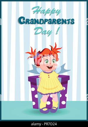 Les grands-parents heureux jour carte de souhaits avec cute cartoon petite fille personnage avec ginger hair wearing yellow dress holding big gift box sur striped wal Illustration de Vecteur