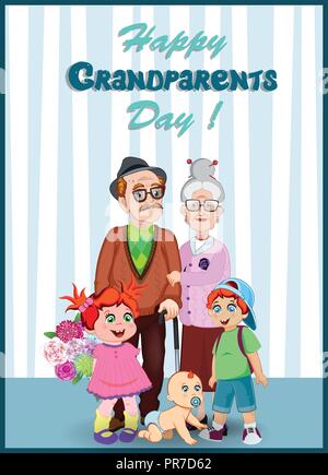 Les grands-parents heureux jour carte de vœux. Cartoon vector illustration de couple de personnes âgées et petits enfants ensemble. Grand-père, la grand-mère, granddaughte Illustration de Vecteur