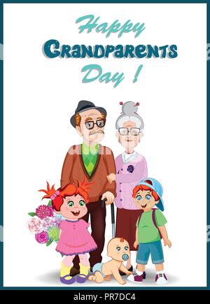 Les grands-parents heureux jour carte de vœux. Cartoon vector illustration de couple de personnes âgées et petits enfants ensemble. Grand-père, la grand-mère, granddaughte Illustration de Vecteur