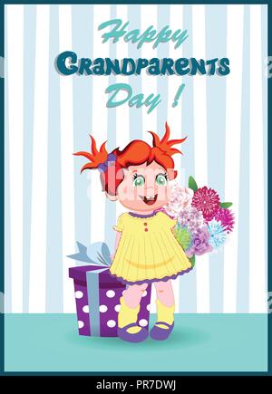 Les grands-parents heureux jour carte de souhaits avec cute cartoon petite fille personnage avec ginger hair holding big boîte cadeau et fleurs bouquet sur mur rayé Illustration de Vecteur