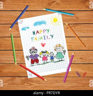 Colorés enfants hand drawn vector illustration de l'homme, femme et enfants tenant la main sur fond d'ordinateur portable au carré sur la table en bois Illustration de Vecteur