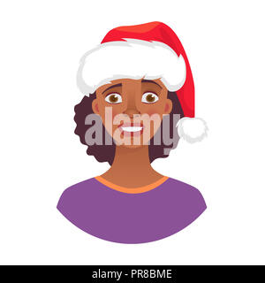 Femme de Noël à santa claus hat. Émotions d'african american woman face. L'expression du visage. African girl illustration Banque D'Images