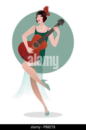 Flapper girl vêtue de vêtements des années 20, jouer de la guitare Illustration de Vecteur