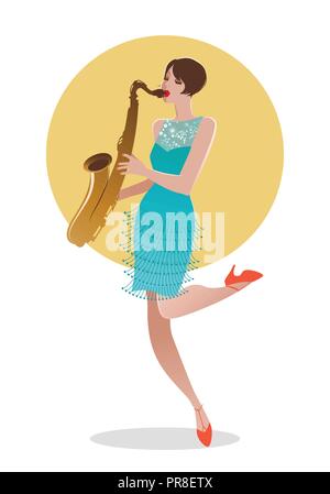 Flapper girl vêtue de vêtements des années 1920, à jouer du saxophone Illustration de Vecteur