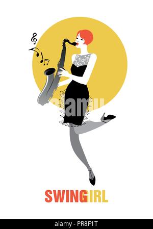 Flapper girl vêtue de vêtements des années 1920, à jouer du saxophone Illustration de Vecteur