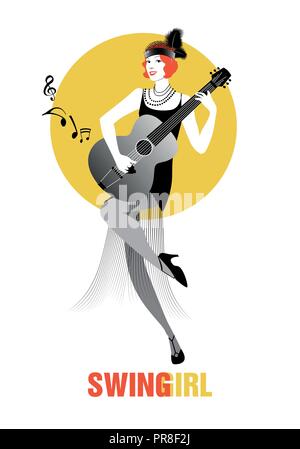 Flapper girl vêtue de vêtements des années 20, jouer de la guitare Illustration de Vecteur