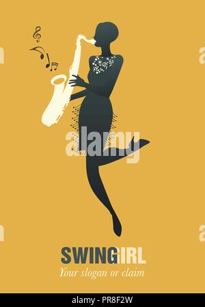 Flapper girl vêtue de vêtements des années 1920, à jouer du saxophone Illustration de Vecteur