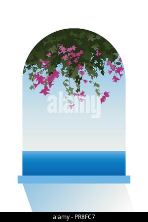 Fleurs de bougainvilliers. Sur la mer à travers une fenêtre. Vector Illustration. Illustration de Vecteur