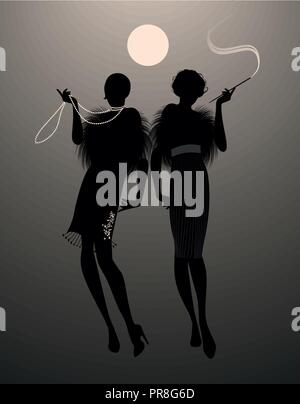 Deux élégantes silhouettes flapper girl sous la lune Illustration de Vecteur
