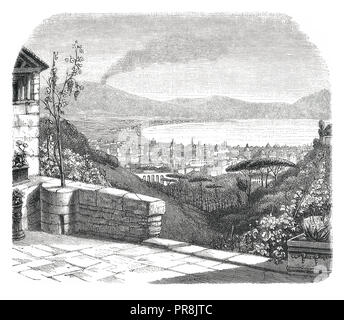 Illustration du XIXe siècle (gravure) du paysage de la ville de Naples, Italie. Œuvres d'art originales publiées dans le magasin Pittoresque, Paris, 1846. Banque D'Images